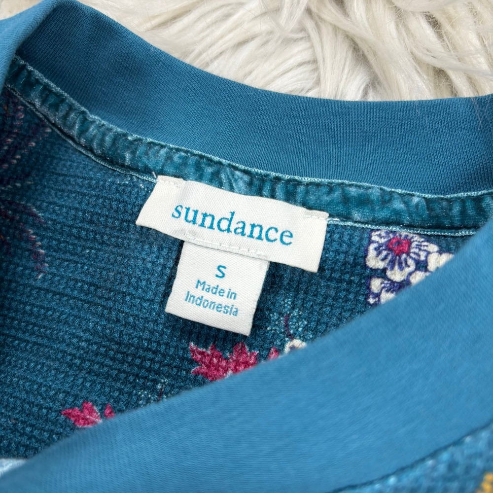 Sundance Women's S Teal Floral Velvet Button Cuff Thermal Top Artsy Boho - Picture 3 of 5
